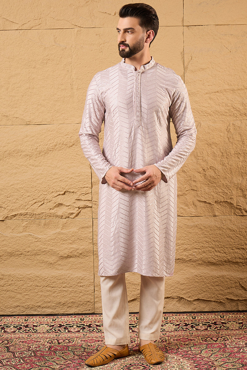 Mens Lavender Viscose Rayon Chevron Embroidered Straight Kurta