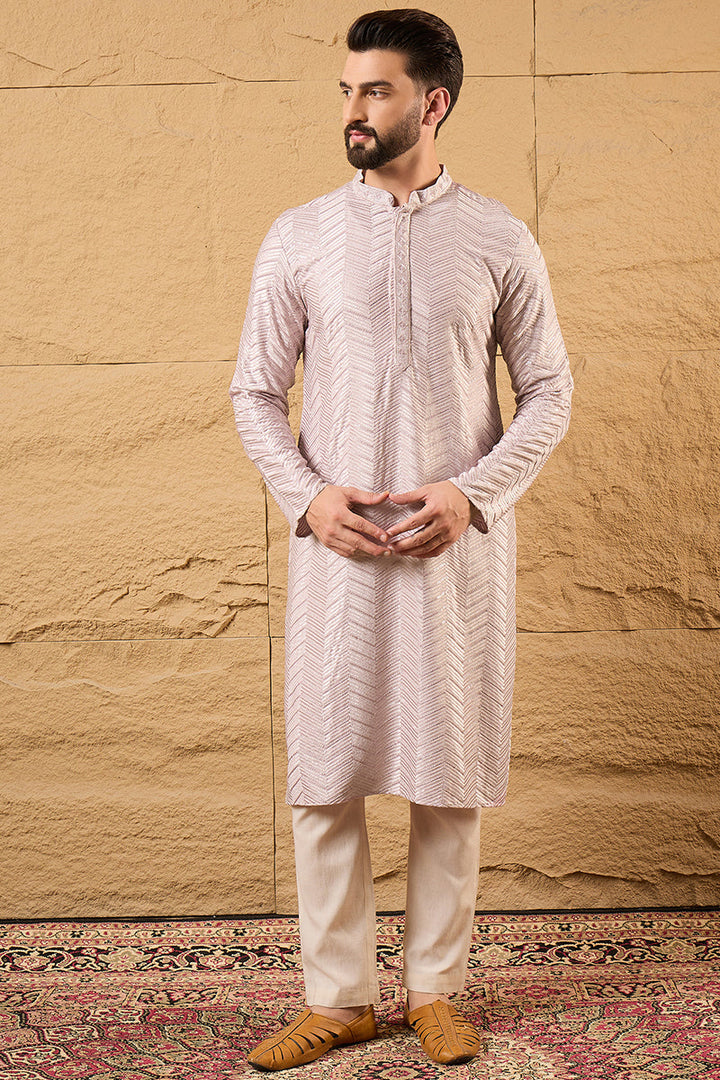Mens Lavender Viscose Rayon Chevron Embroidered Straight Kurta
