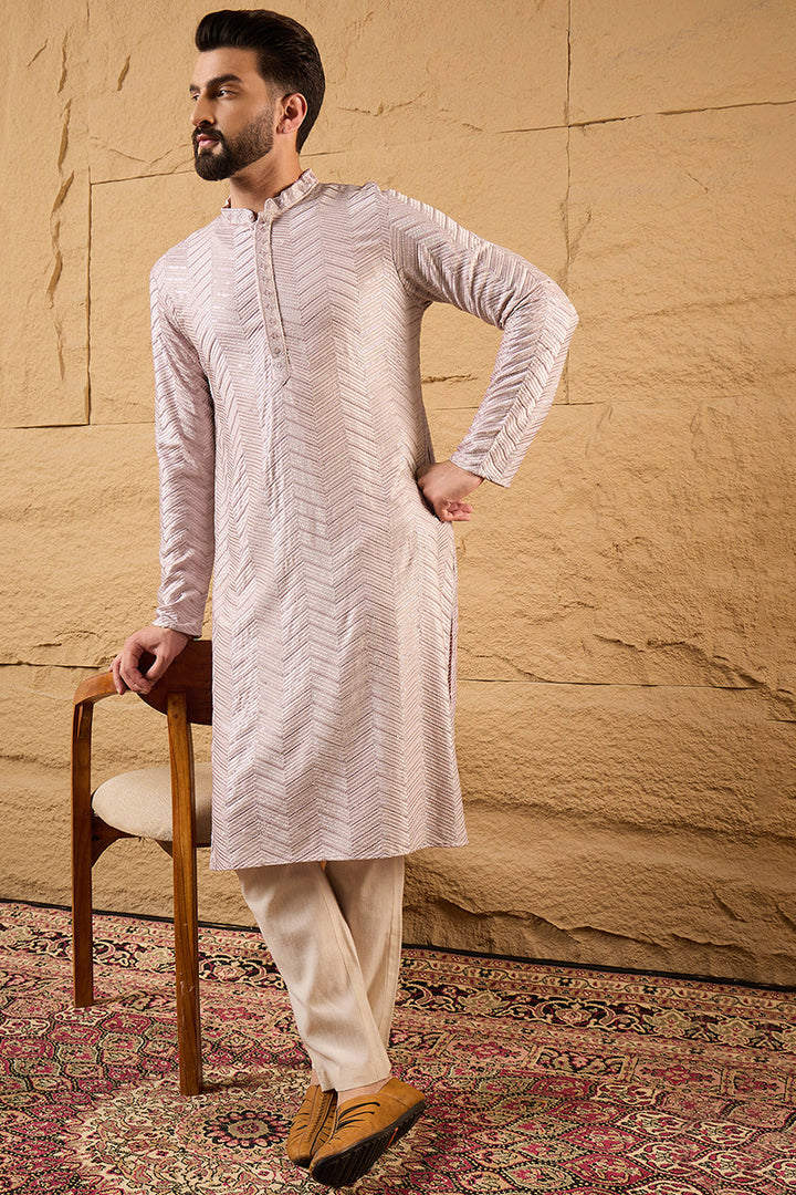 Mens Lavender Viscose Rayon Chevron Embroidered Straight Kurta