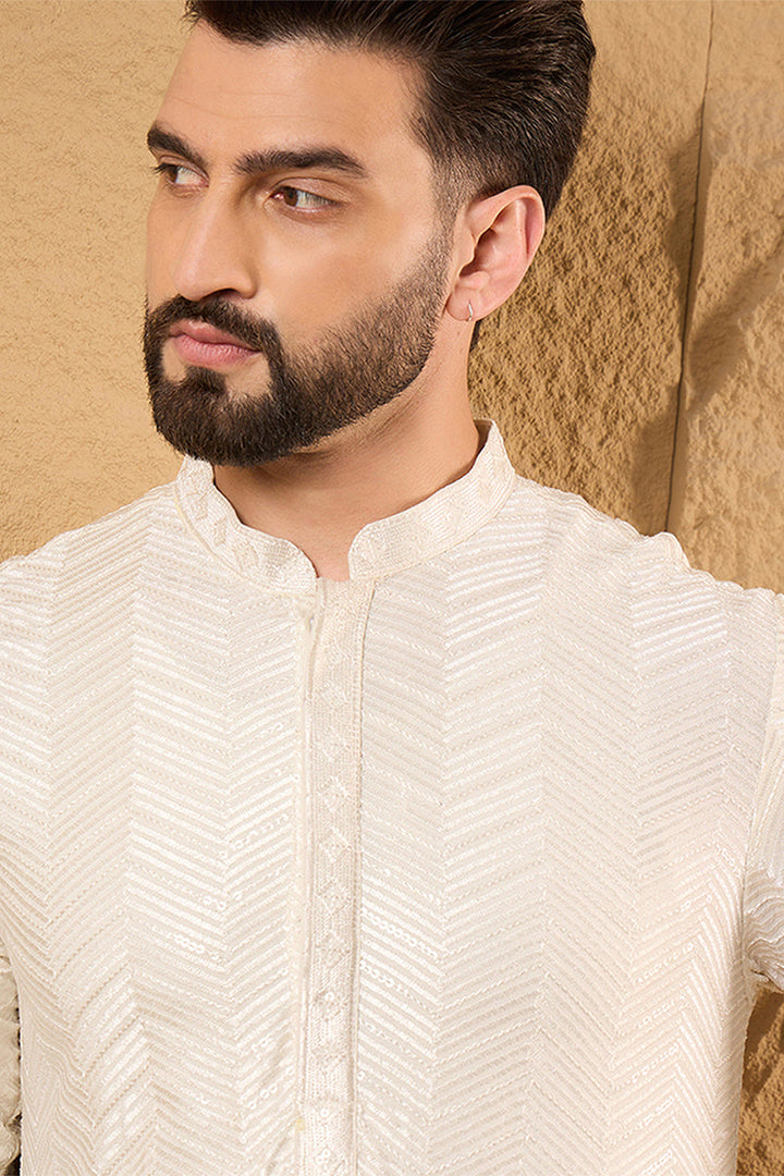 Mens Off White Viscose Rayon Chevron Embroidered Straight Kurta