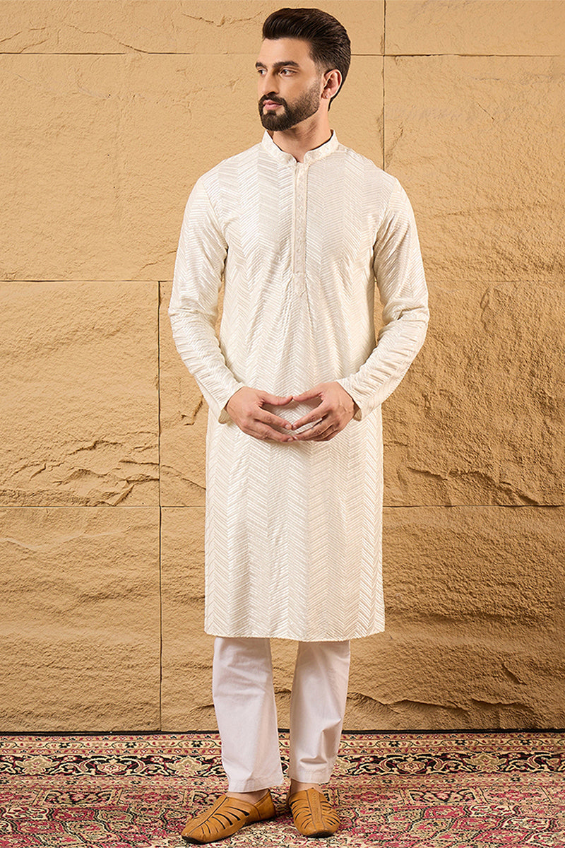 Mens Off White Viscose Rayon Chevron Embroidered Straight Kurta