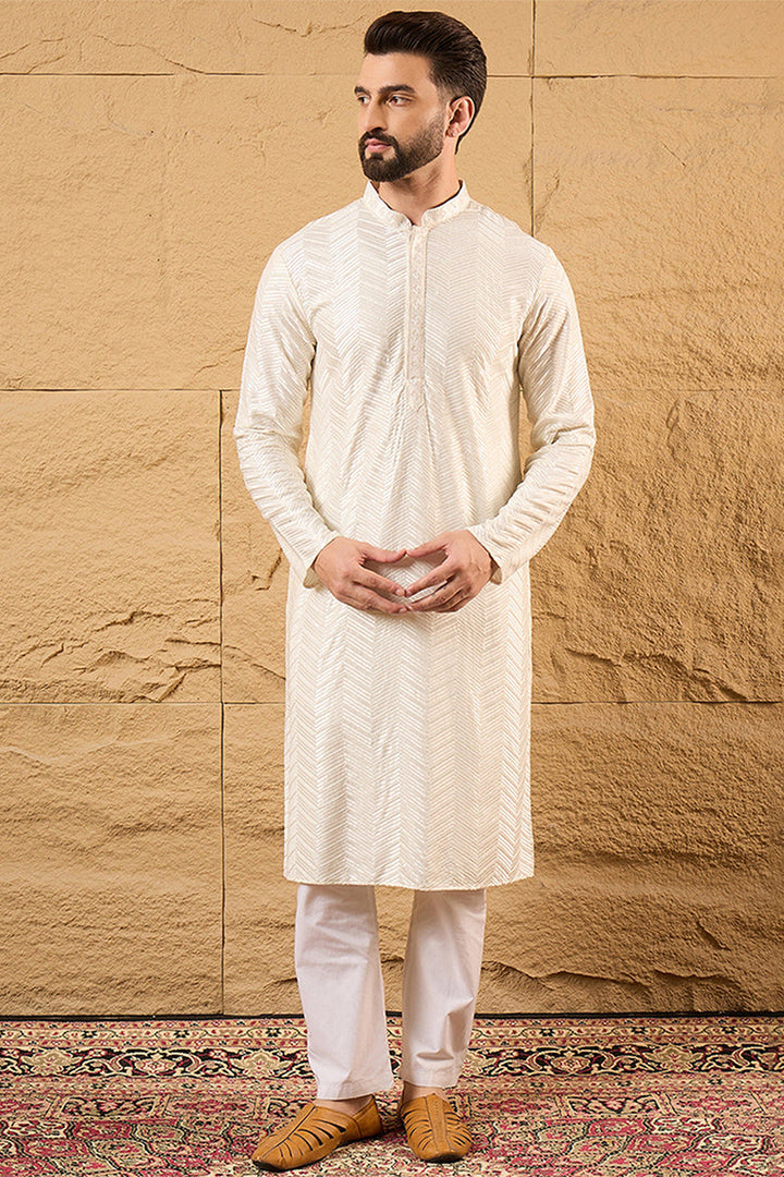 Mens Off White Viscose Rayon Chevron Embroidered Straight Kurta