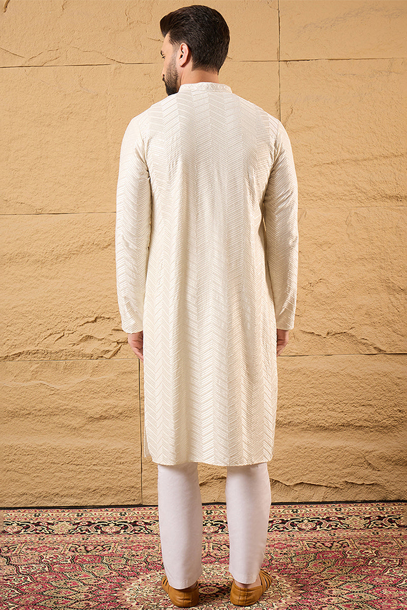 Mens Off White Viscose Rayon Chevron Embroidered Straight Kurta