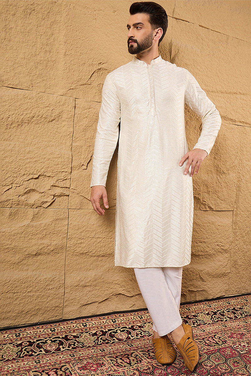 Mens Off White Viscose Rayon Chevron Embroidered Straight Kurta