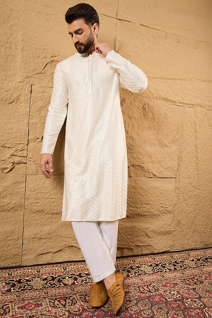 Mens Off White Viscose Rayon Chevron Embroidered Straight Kurta