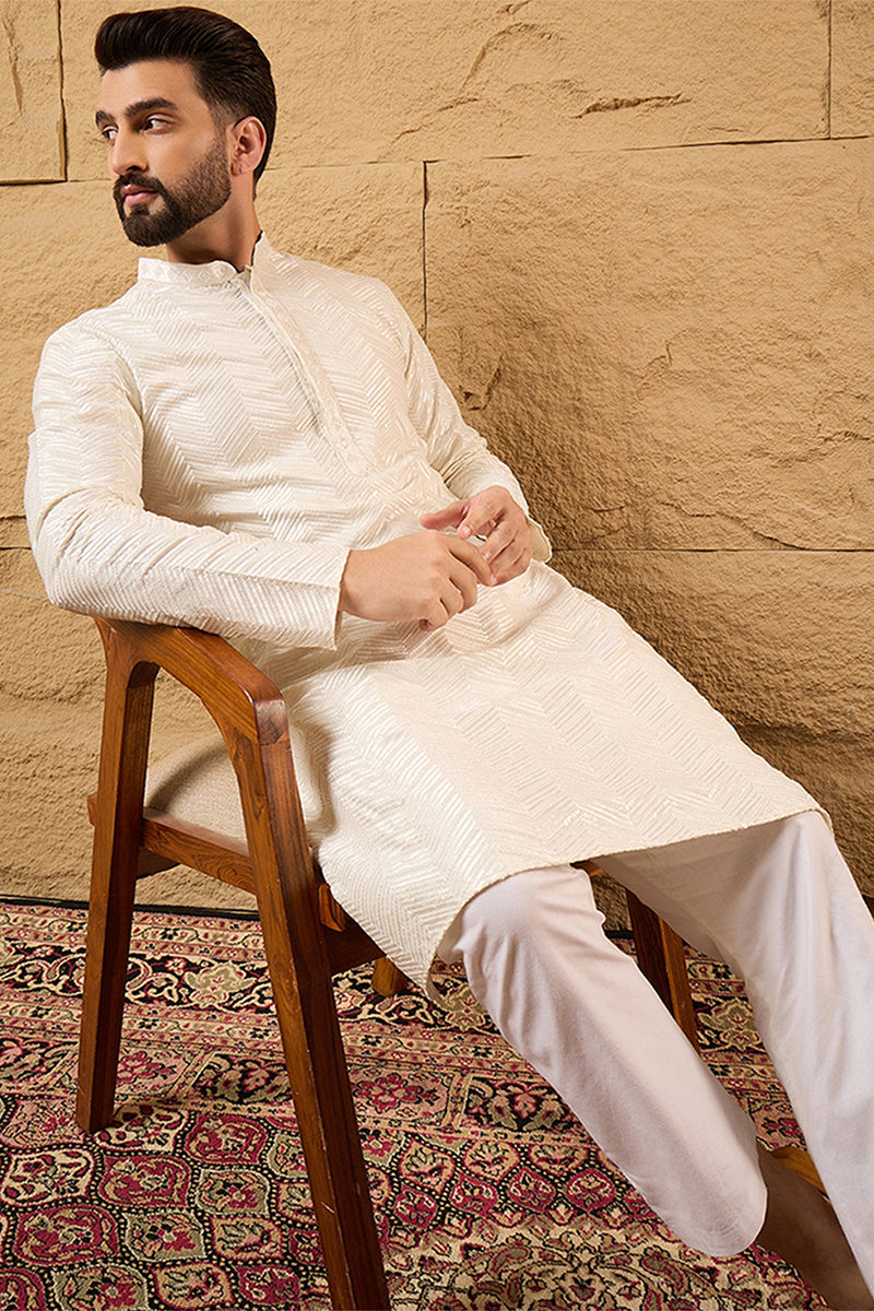 Mens Off White Viscose Rayon Chevron Embroidered Straight Kurta