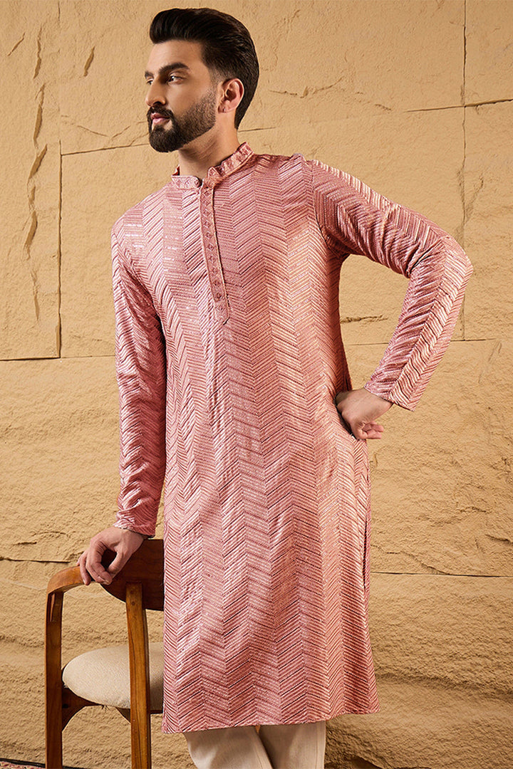 Mens Peach Viscose Rayon Solid Embroidered Straight Kurta