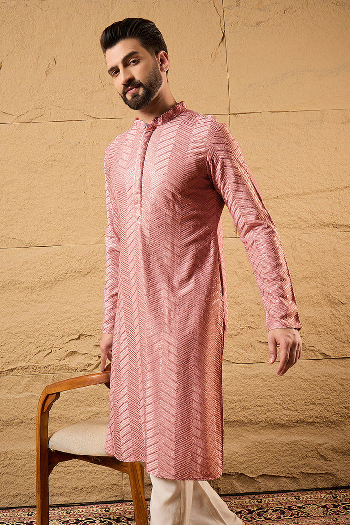 Mens Peach Viscose Rayon Solid Embroidered Straight Kurta