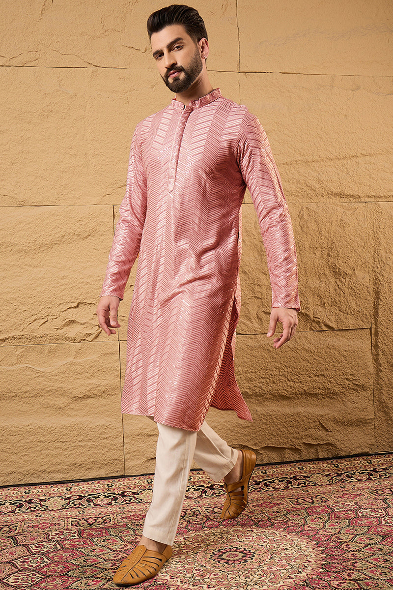 Mens Peach Viscose Rayon Solid Embroidered Straight Kurta