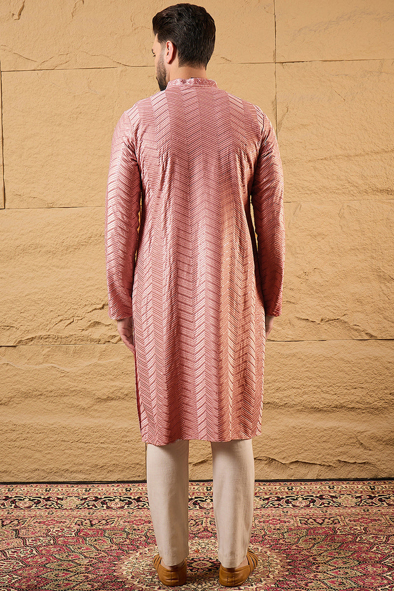 Mens Peach Viscose Rayon Solid Embroidered Straight Kurta