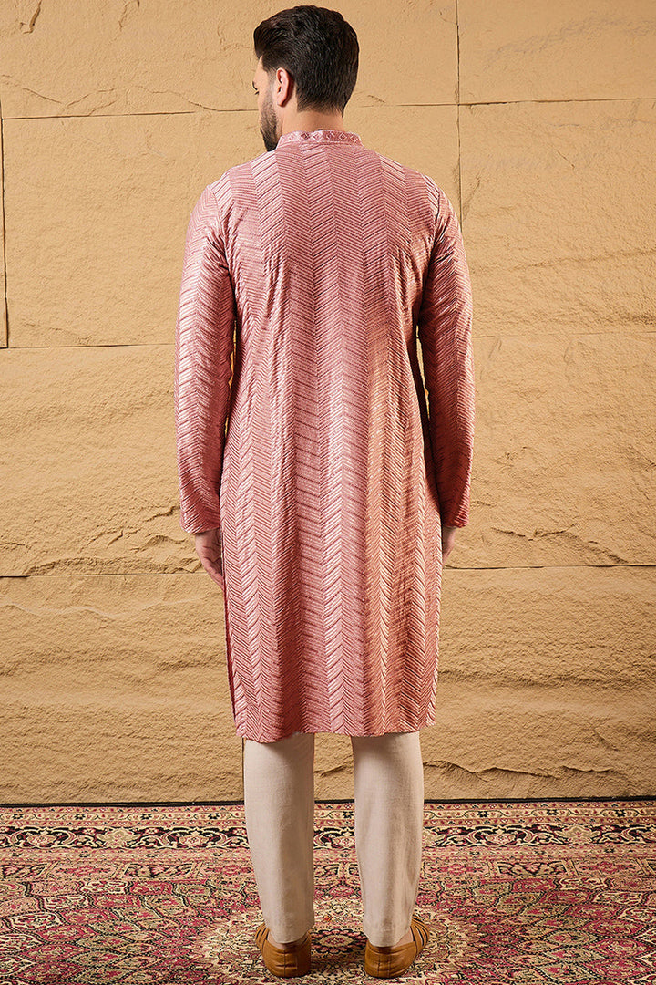 Mens Peach Viscose Rayon Solid Embroidered Straight Kurta