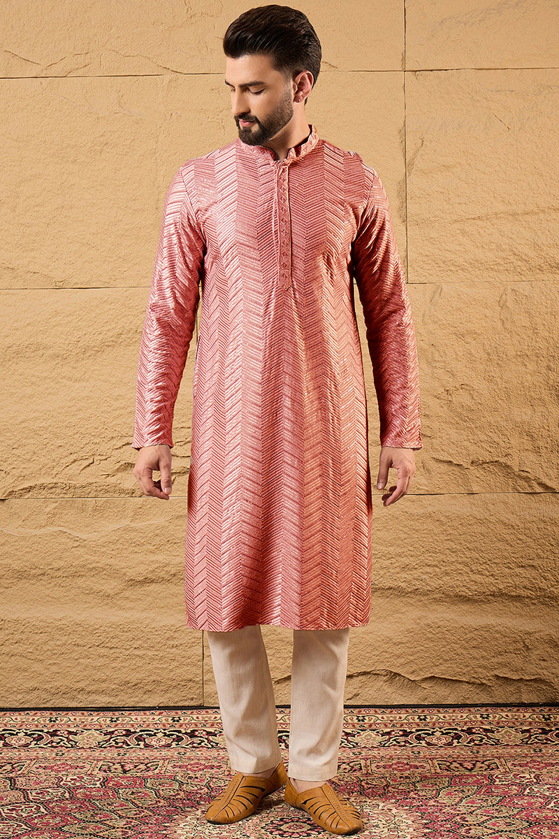 Mens Peach Viscose Rayon Solid Embroidered Straight Kurta