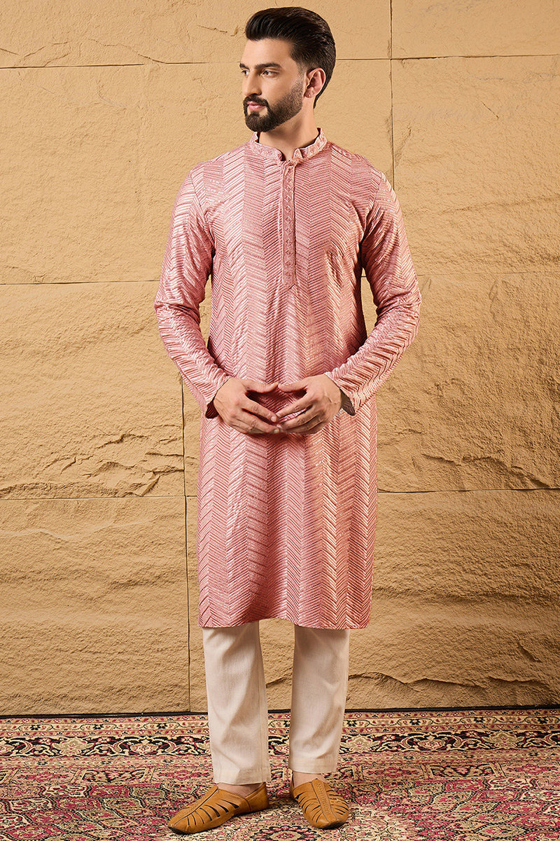 Mens Peach Viscose Rayon Solid Embroidered Straight Kurta