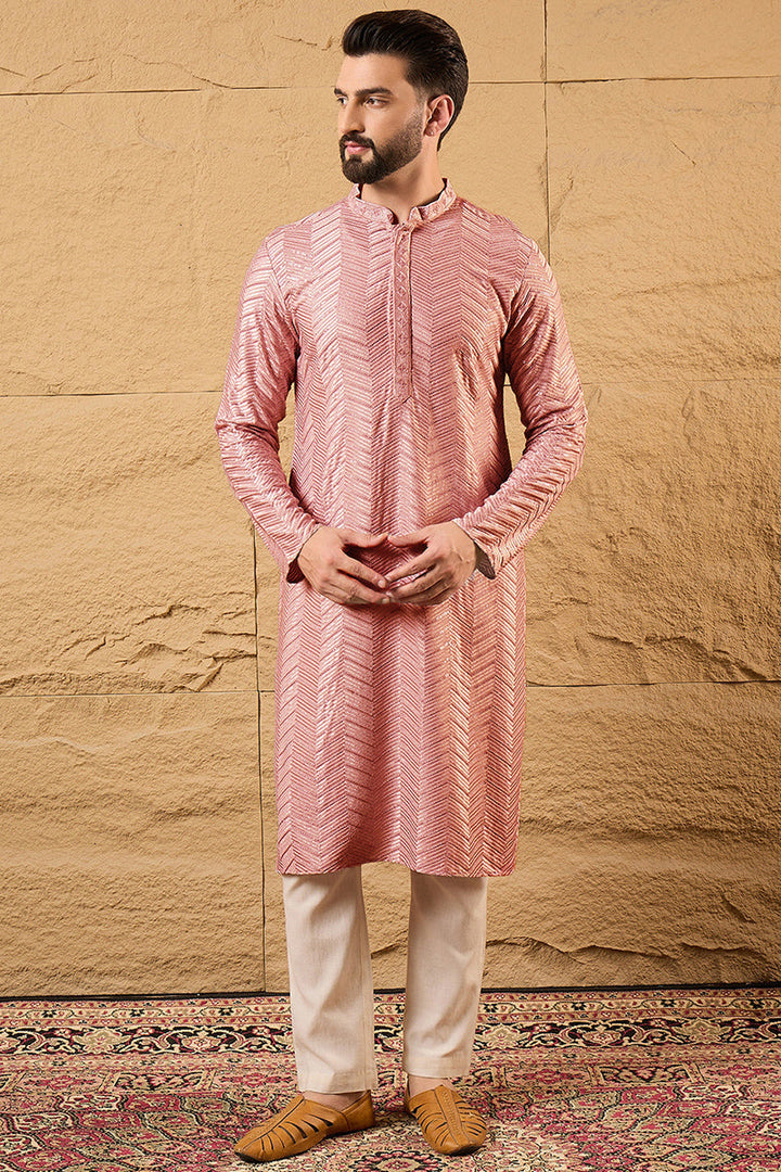 Mens Peach Viscose Rayon Solid Embroidered Straight Kurta