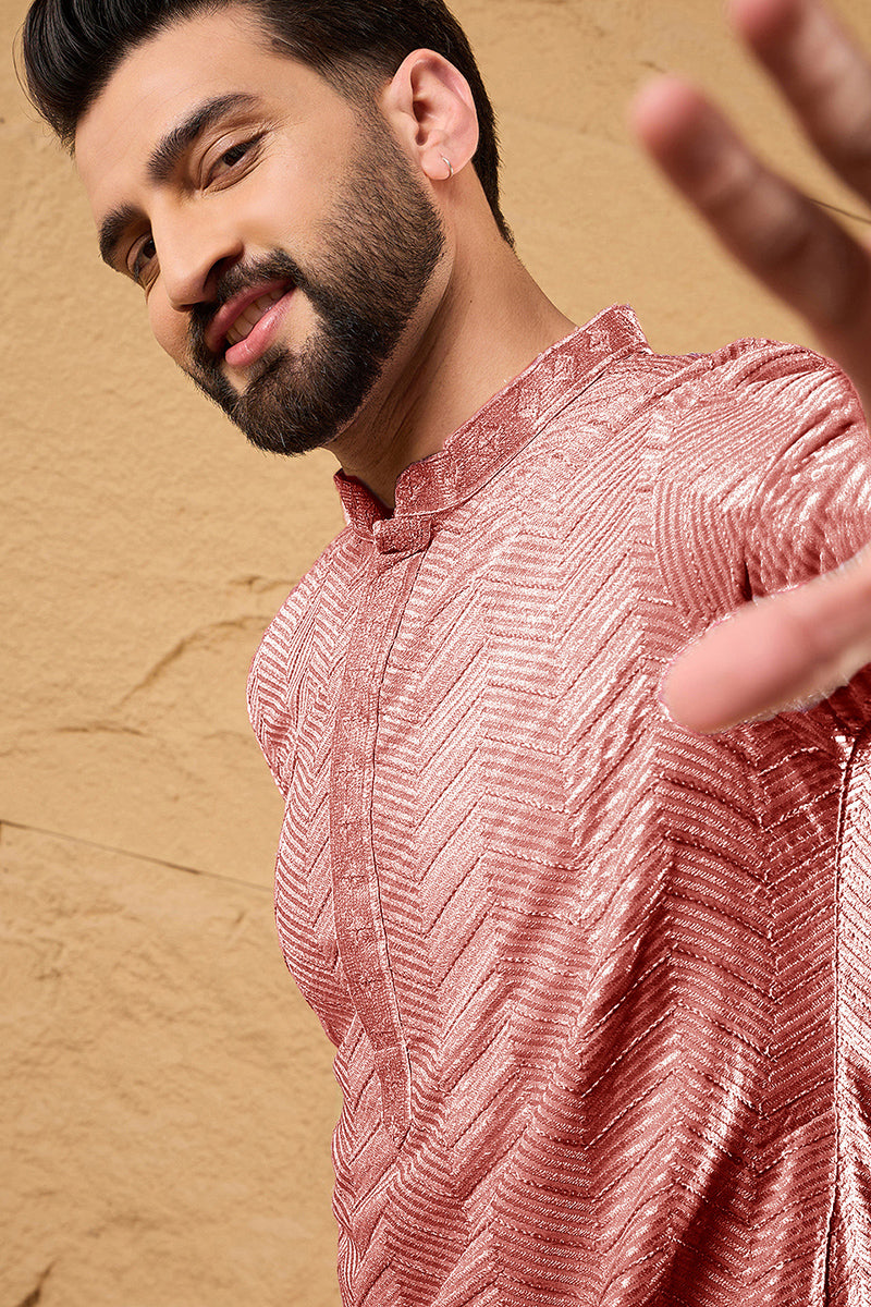 Mens Peach Viscose Rayon Solid Embroidered Straight Kurta