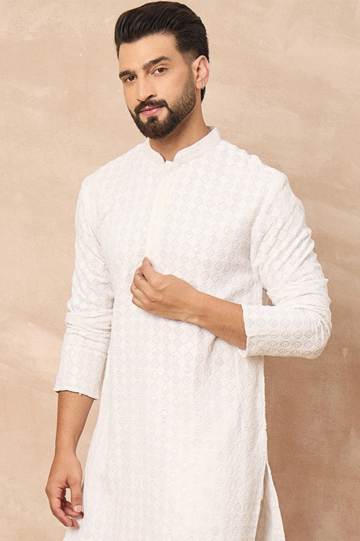 Mens White Viscose Rayon Solid Embroidered Straight Kurta