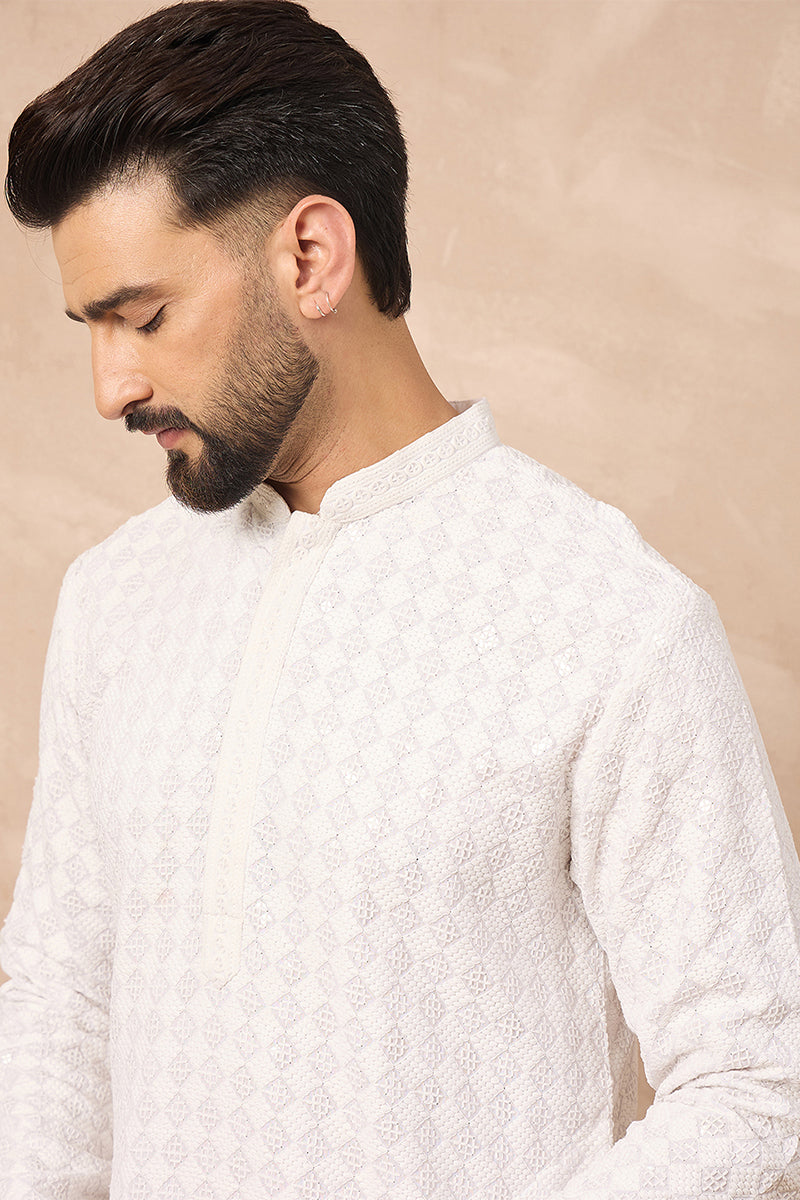 Mens White Viscose Rayon Solid Embroidered Straight Kurta