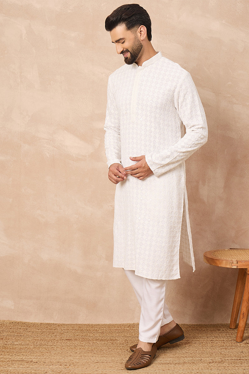 Mens White Viscose Rayon Solid Embroidered Straight Kurta