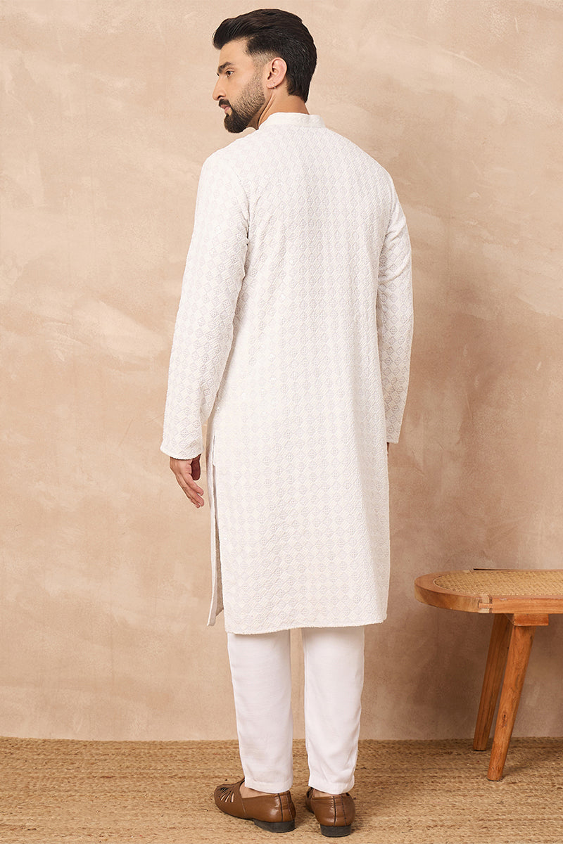 Mens White Viscose Rayon Solid Embroidered Straight Kurta