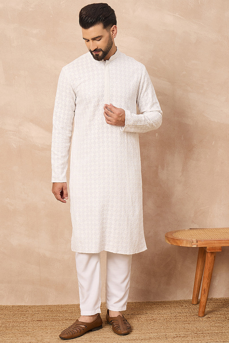 Mens White Viscose Rayon Solid Embroidered Straight Kurta