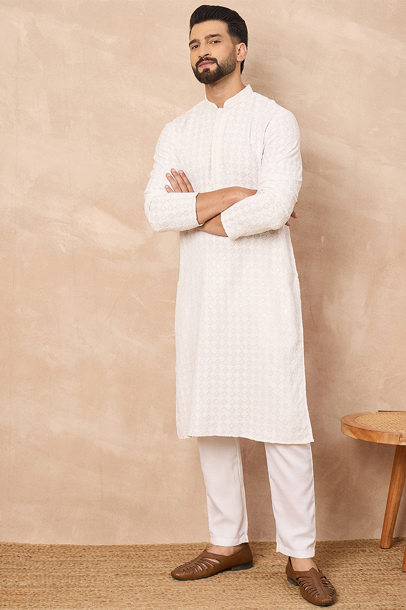 Mens White Viscose Rayon Solid Embroidered Straight Kurta