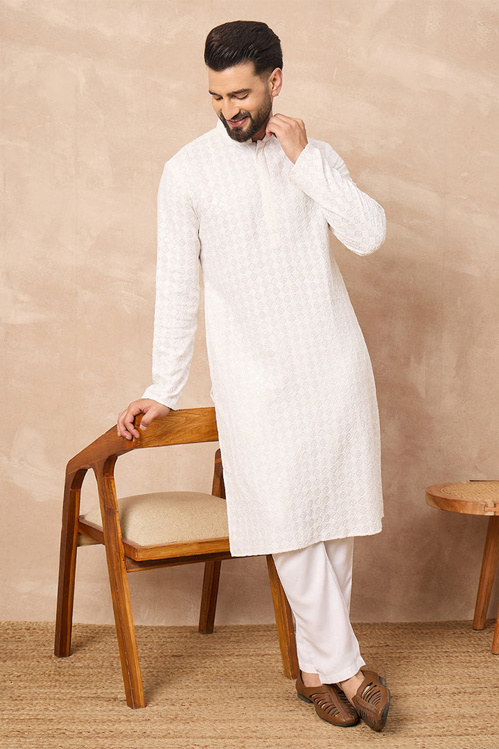 Mens White Viscose Rayon Solid Embroidered Straight Kurta