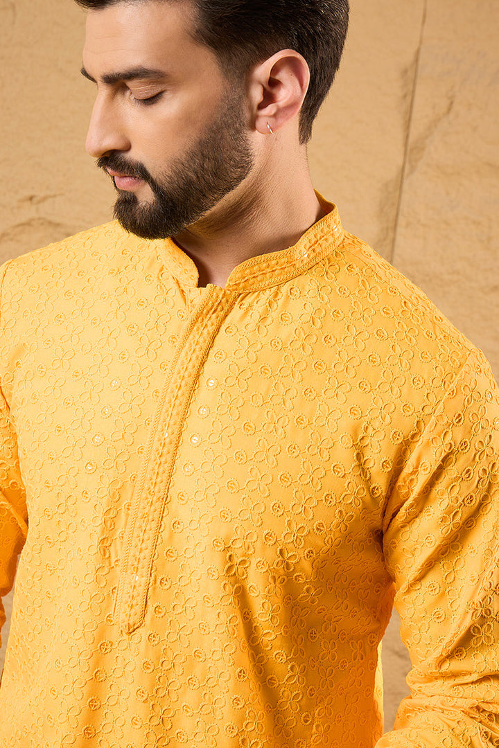 Mens Yellow Viscose Rayon Embroidered Chikankari Straight Kurta