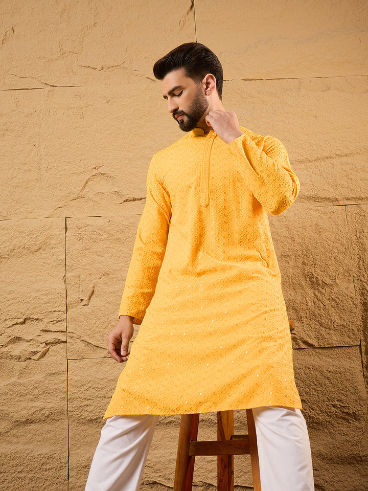 Mens Yellow Viscose Rayon Embroidered Chikankari Straight Kurta