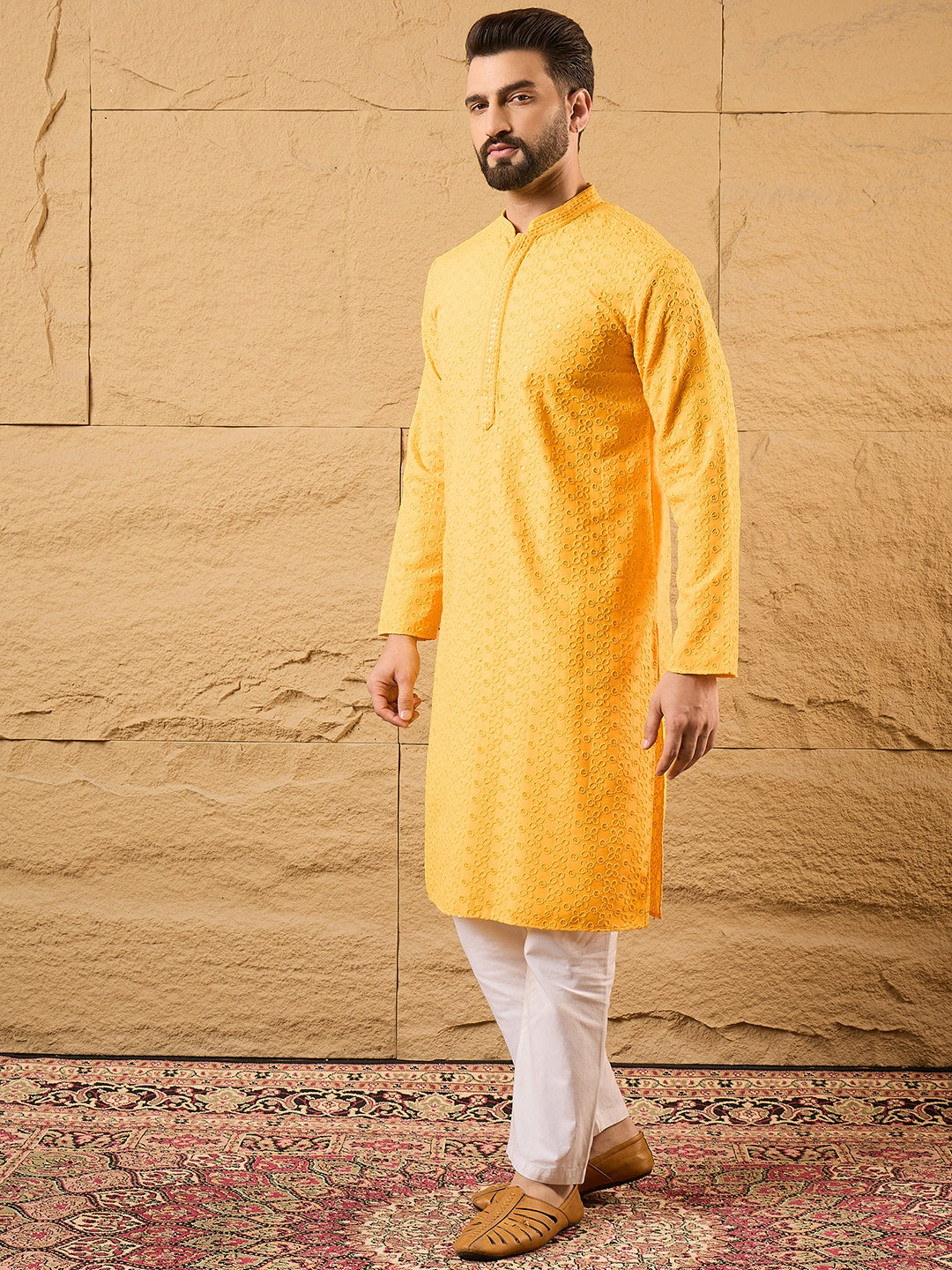 Mens Yellow Viscose Rayon Embroidered Chikankari Straight Kurta