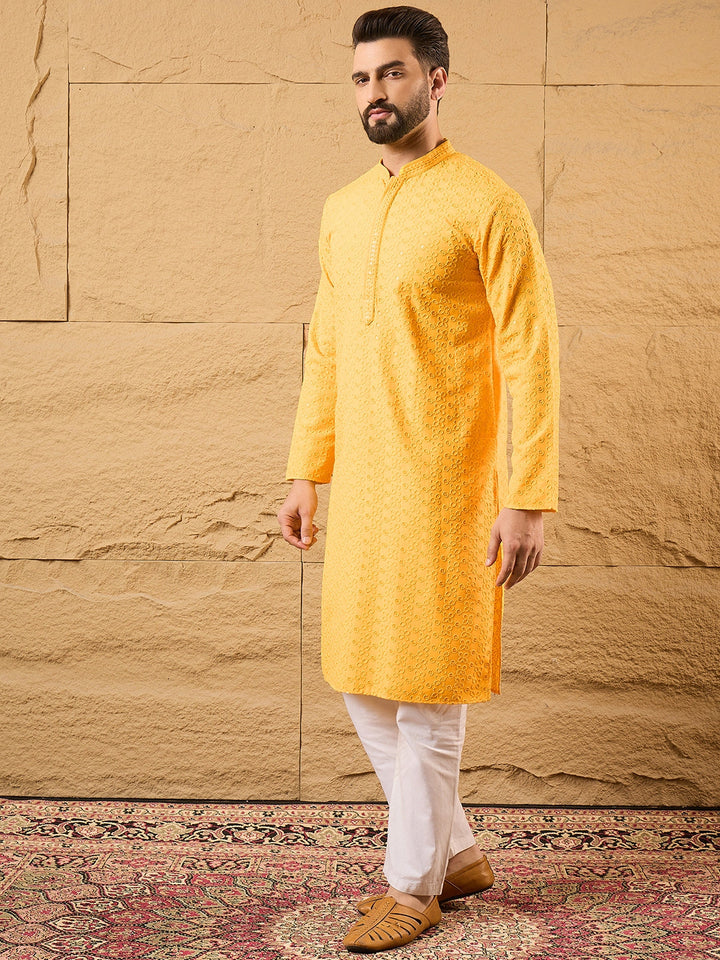 Mens Yellow Viscose Rayon Embroidered Chikankari Straight Kurta