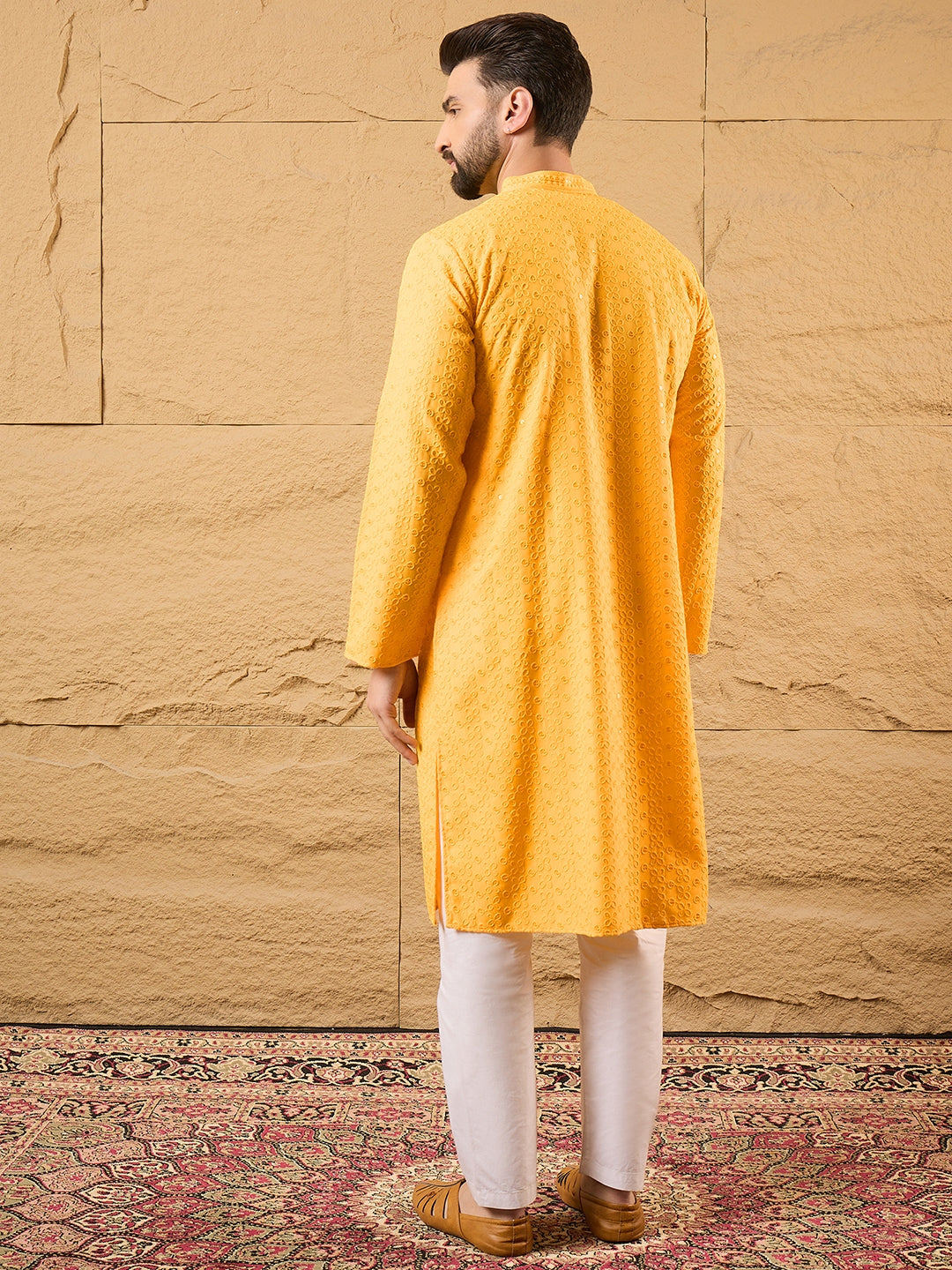 Mens Yellow Viscose Rayon Embroidered Chikankari Straight Kurta