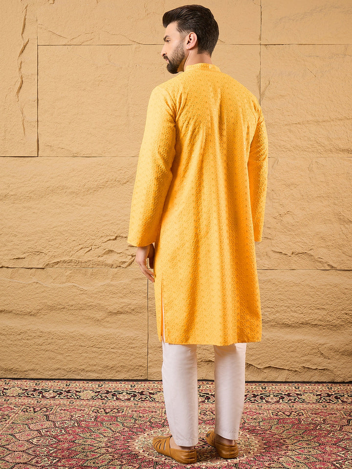 Mens Yellow Viscose Rayon Embroidered Chikankari Straight Kurta