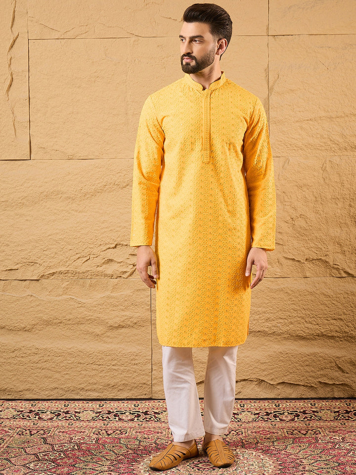 Mens Yellow Viscose Rayon Embroidered Chikankari Straight Kurta