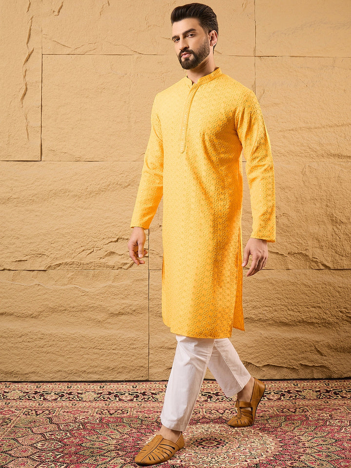Mens Yellow Viscose Rayon Embroidered Chikankari Straight Kurta