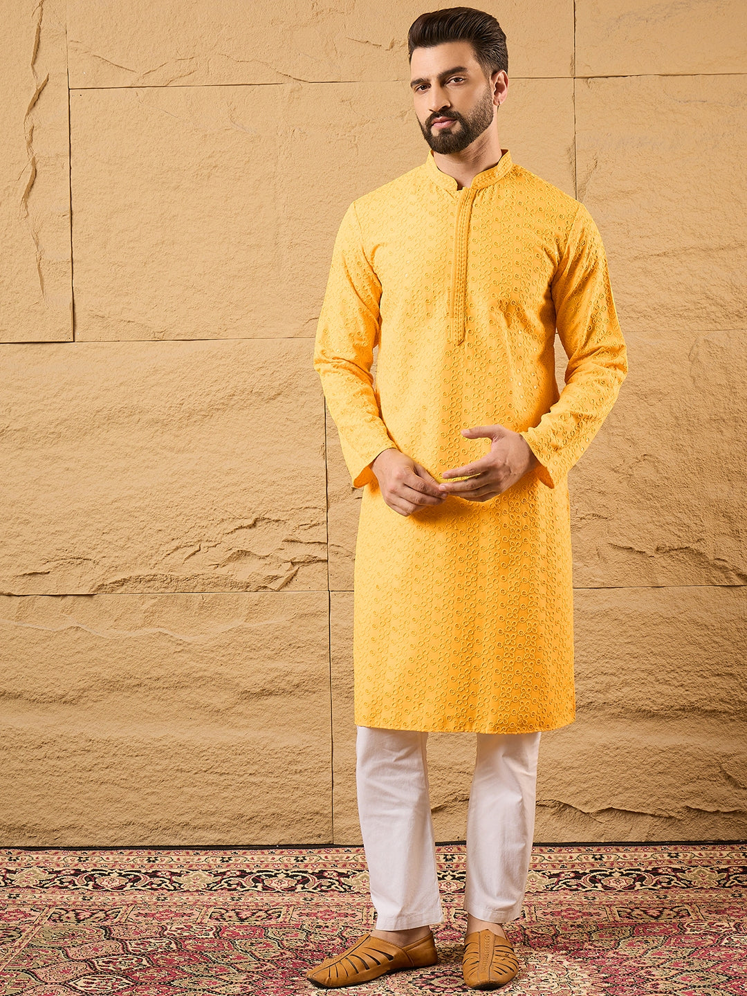 Mens Yellow Viscose Rayon Embroidered Chikankari Straight Kurta