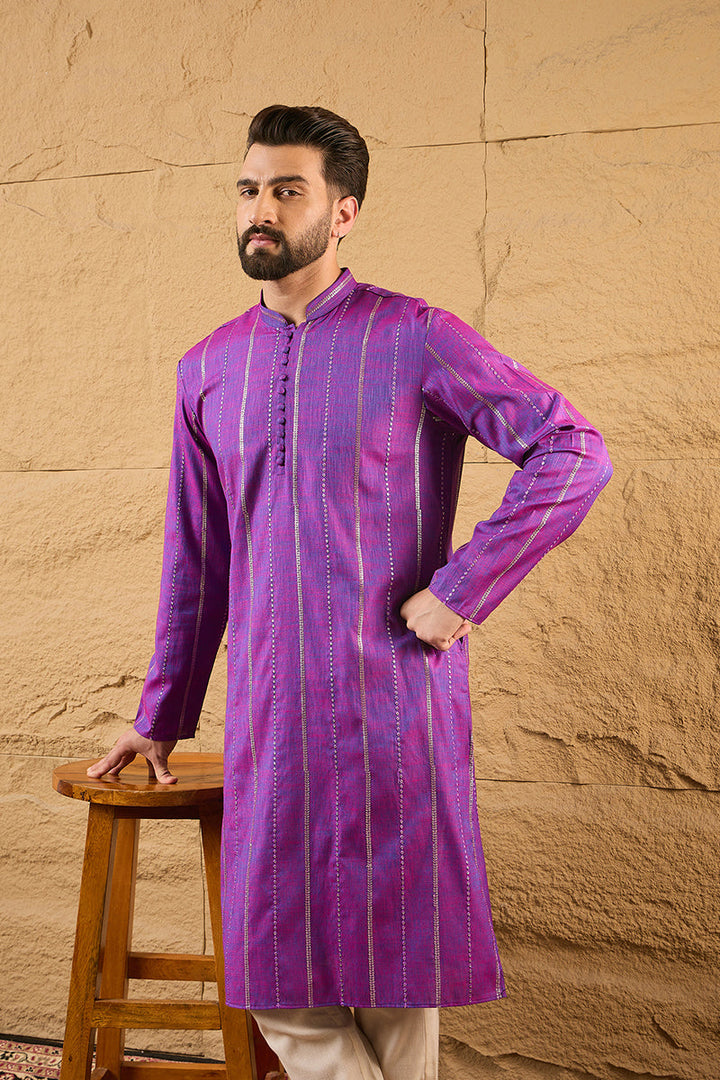 Mens Purple Cotton Solid Embroidered Straight Kurta