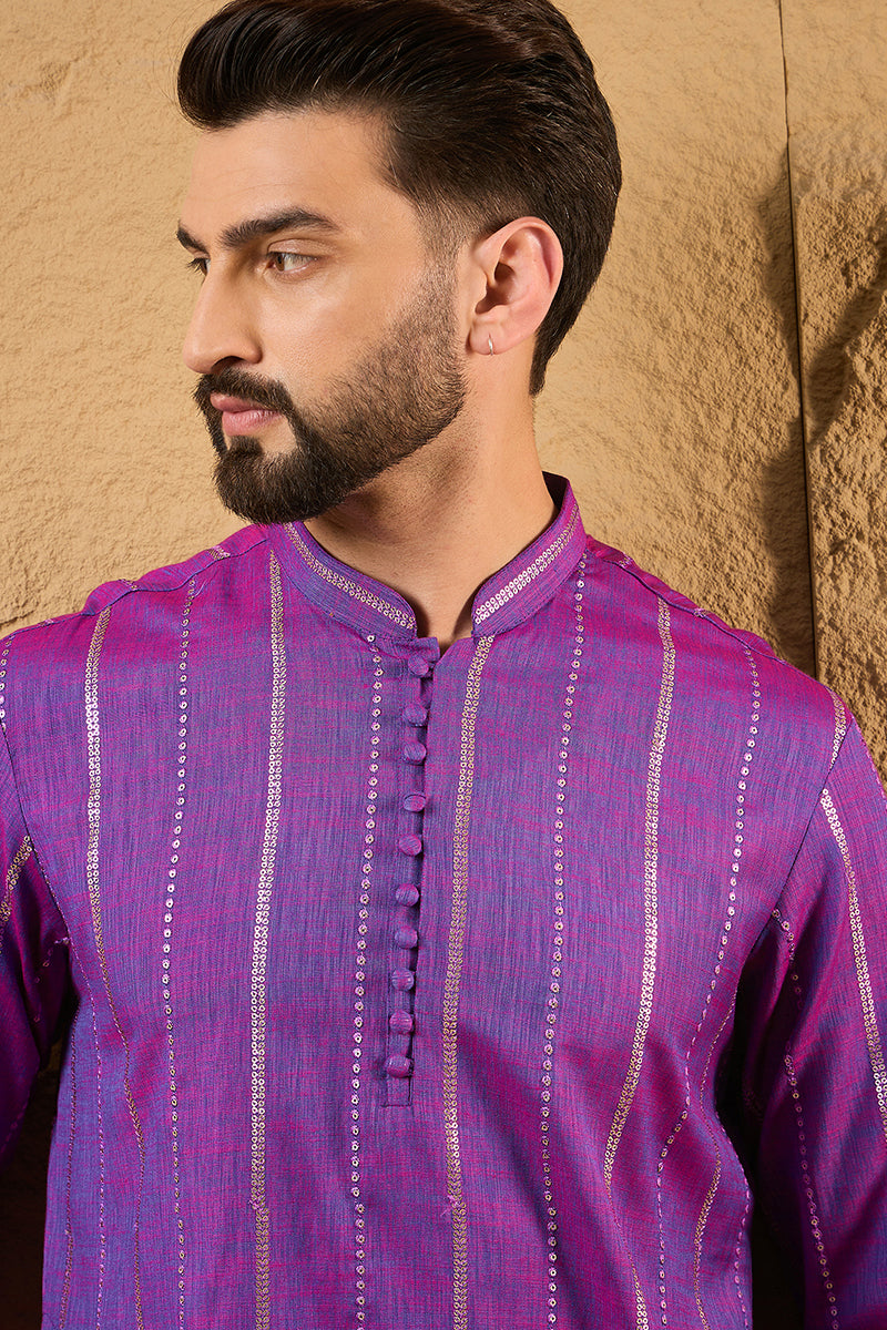 Mens Purple Cotton Solid Embroidered Straight Kurta