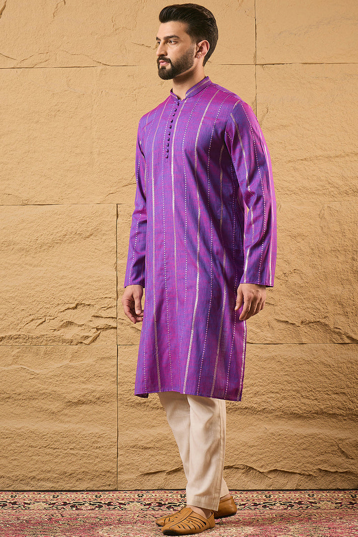 Mens Purple Cotton Solid Embroidered Straight Kurta