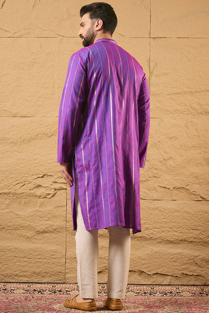 Mens Purple Cotton Solid Embroidered Straight Kurta