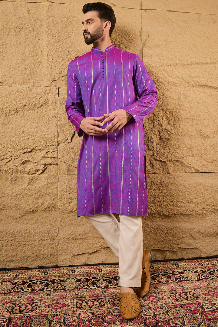 Mens Purple Cotton Solid Embroidered Straight Kurta
