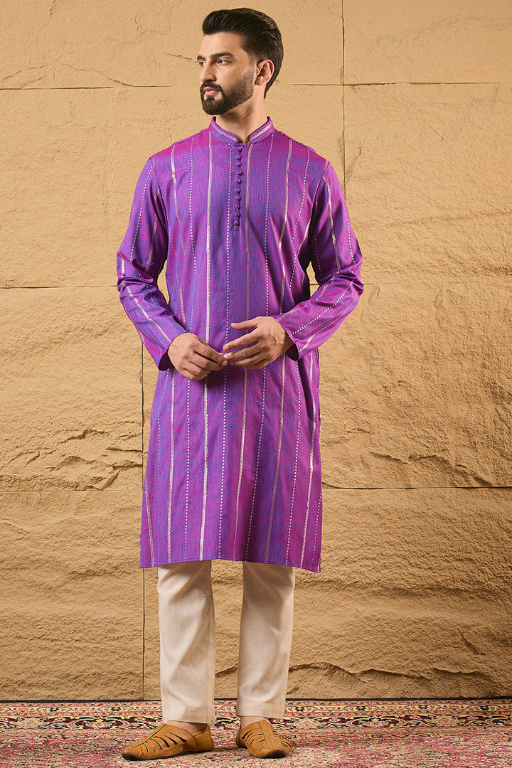 Mens Purple Cotton Solid Embroidered Straight Kurta