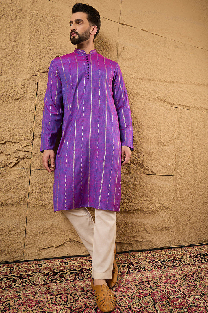 Mens Purple Cotton Solid Embroidered Straight Kurta