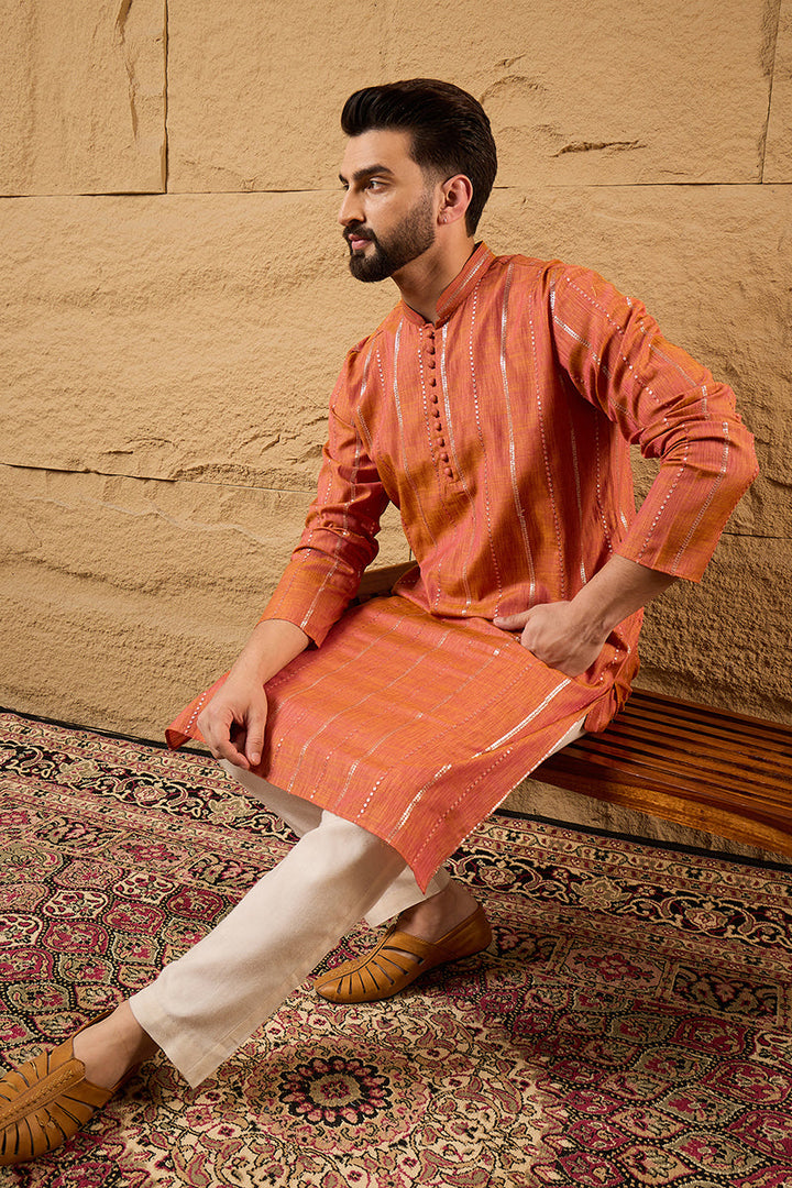 Mens Orange Pure Cotton Embroidered Straight Kurta