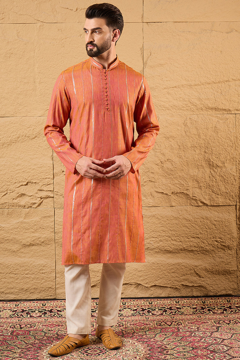 Mens Orange Pure Cotton Embroidered Straight Kurta