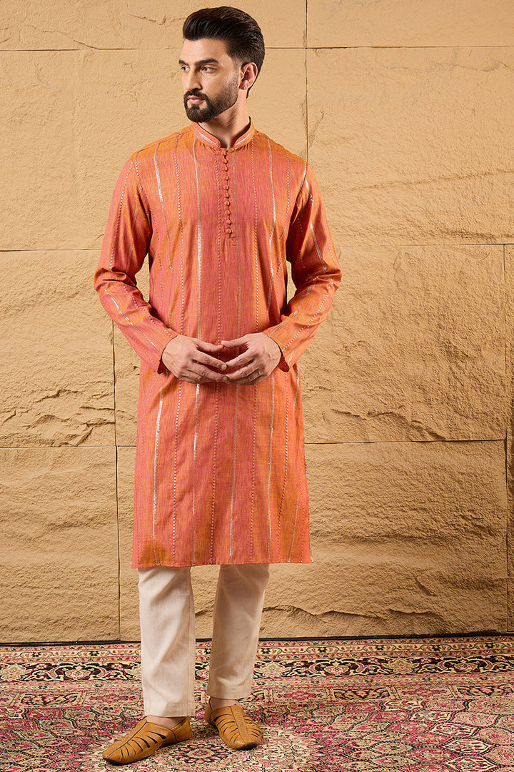 Mens Orange Pure Cotton Embroidered Straight Kurta