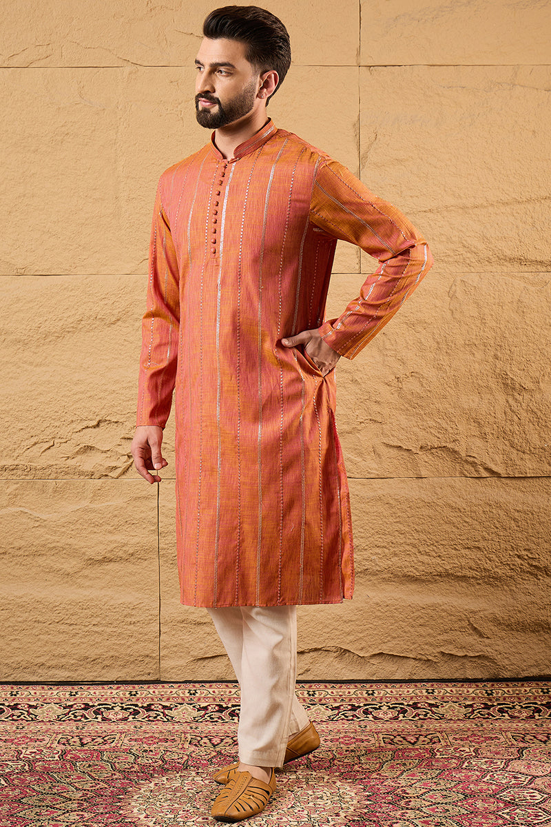 Mens Orange Pure Cotton Embroidered Straight Kurta