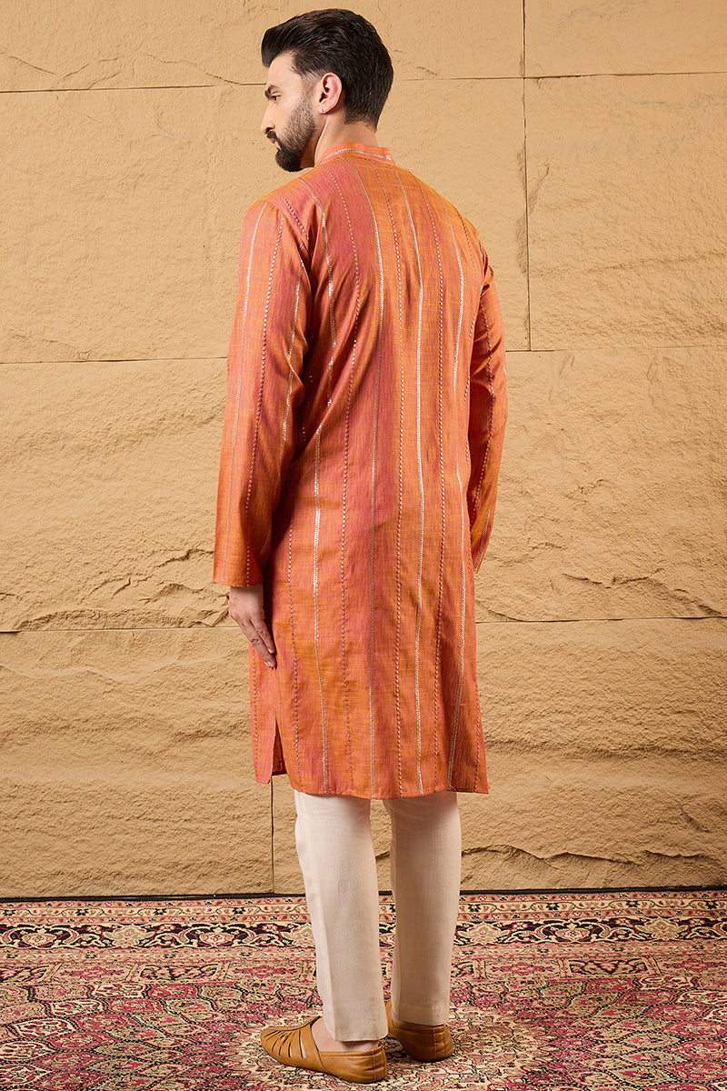 Mens Orange Pure Cotton Embroidered Straight Kurta