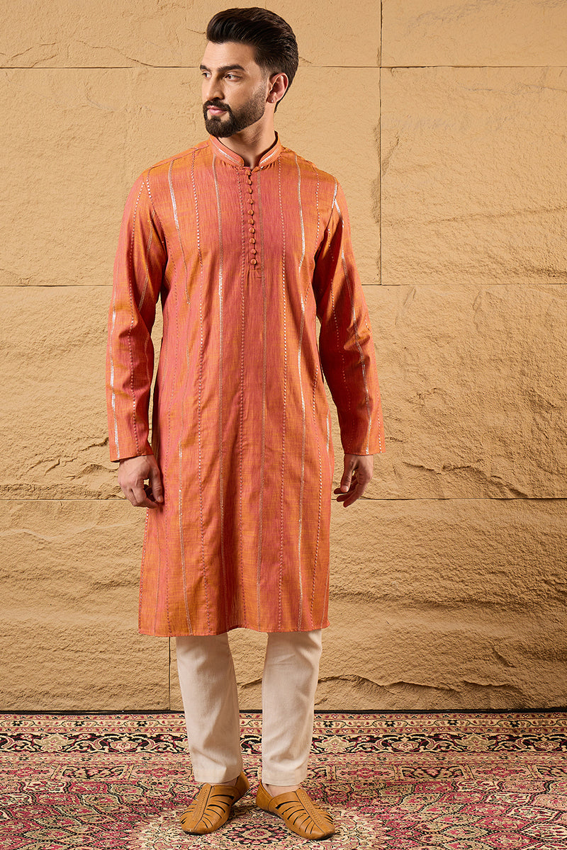 Mens Orange Pure Cotton Embroidered Straight Kurta