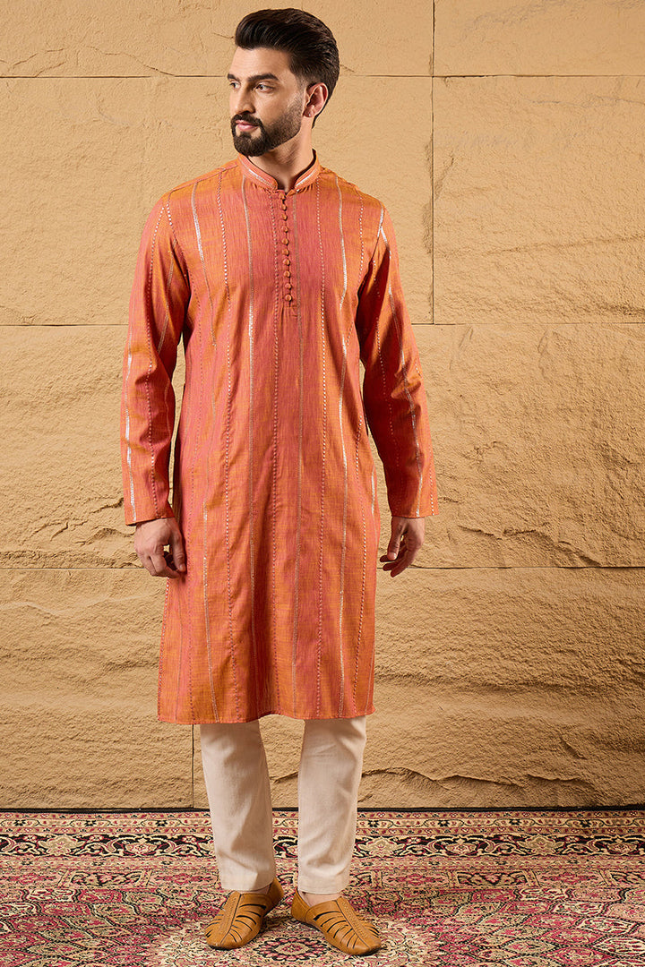 Mens Orange Pure Cotton Embroidered Straight Kurta