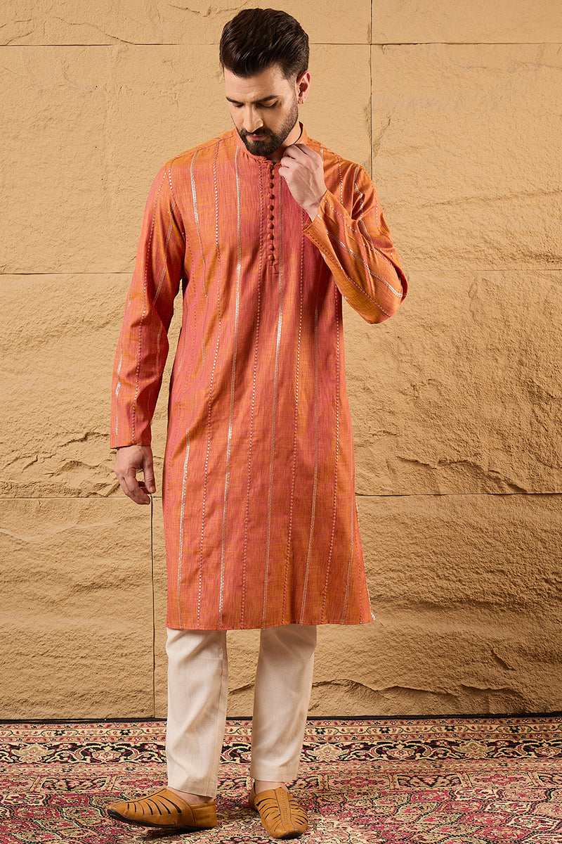Mens Orange Pure Cotton Embroidered Straight Kurta